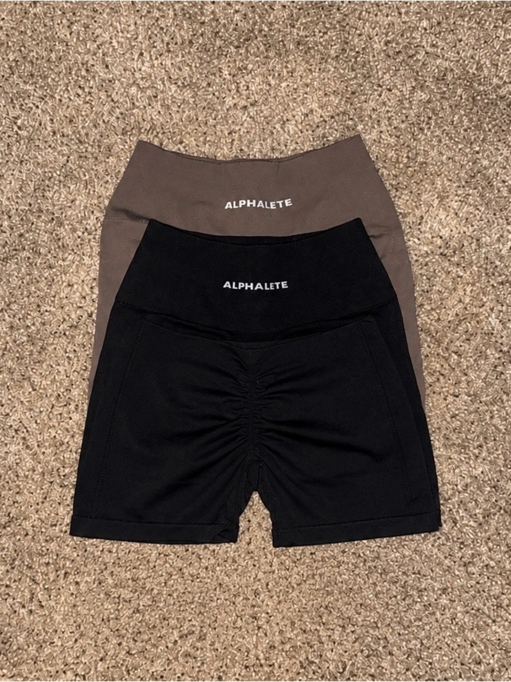 Alphalete High-Rise Bike Shorts — Black & Taupe